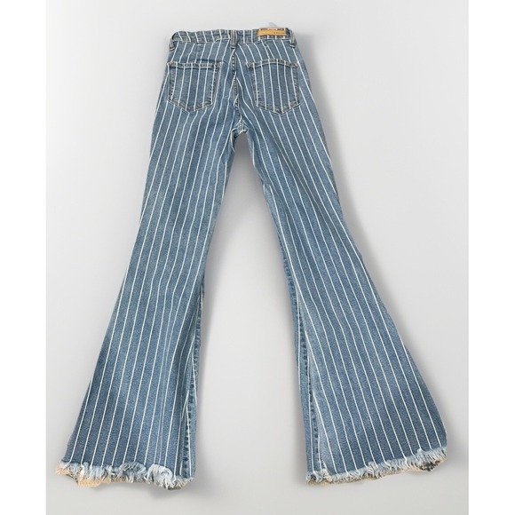 Cello Flared Jeans Sz 1/2 Blue Striped Raw Hem High Rise Boho Hippie Retro 70s - Picture 5 of 6